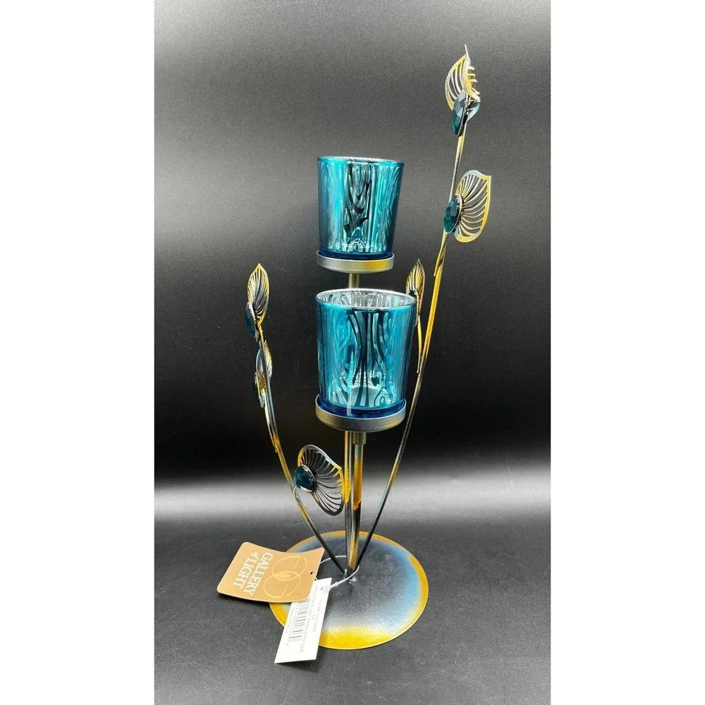 Gallery of Light Peacock Plume Metal Teal Glass Votive Candle Holder 10015949